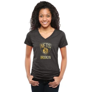 Women's Brooklyn Nets Gold Collection V-Neck Tri-Blend T-Shirt - Black