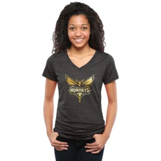 Women's Charlotte Hornets Gold Collection V-Neck Tri-Blend T-Shirt - Black