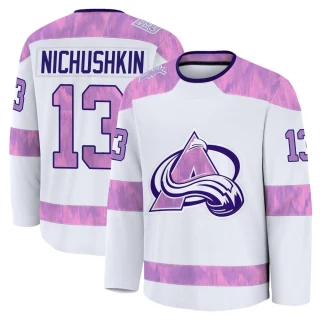 Youth Valeri Nichushkin Colorado Avalanche White Premium 2024 Hockey Fights Cancer Practice Jersey