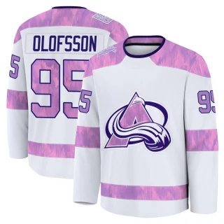 Youth Victor Olofsson Colorado Avalanche White Premium 2024 Hockey Fights Cancer Practice Jersey